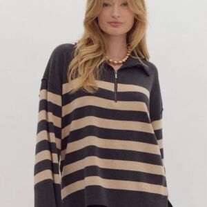 Free People Striped Long Sleeve Top in Black and Tan